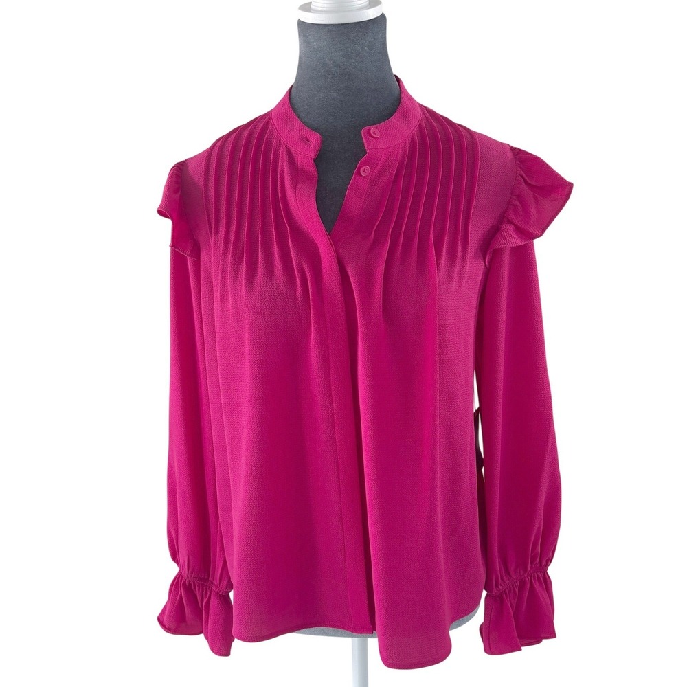 CeCe NWT Raspberry Boho Romantic Pleated Ruffle Sleeve Mandarin Collar Blouse XS